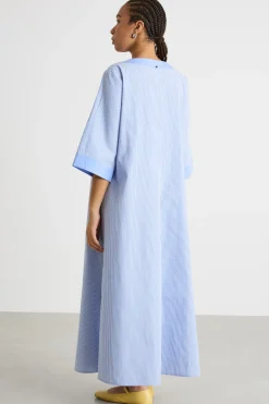Abito lungo in popeline con ricamo floreale - Azzurro Rosso