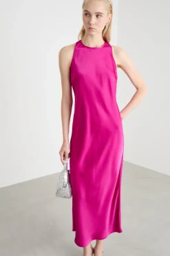 Abito lungo in raso fluido - Fuxia