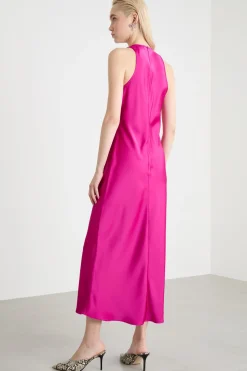 Abito lungo in raso fluido - Fuxia