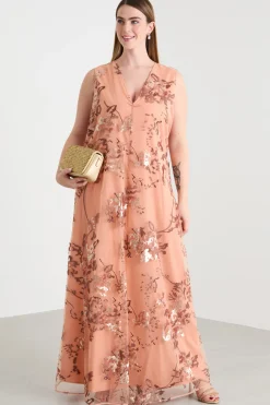 Abito lungo in tulle ricamato - Rosa