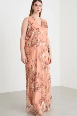 Abito lungo in tulle ricamato - Rosa