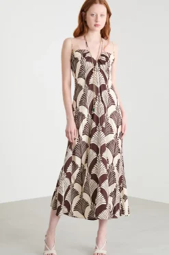 Abito lungo in twill a fantasia - Marrone Avorio