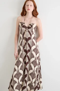 Abito lungo in twill a fantasia - Marrone Avorio