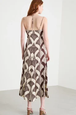 Abito lungo in twill a fantasia - Marrone Avorio