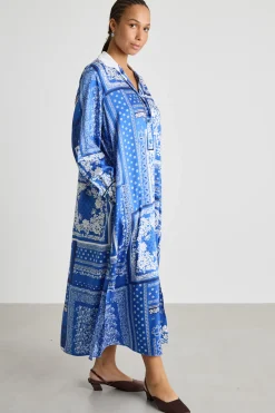 Abito lungo in twill stampato - Blu Bianco