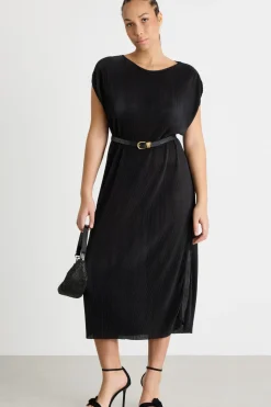 Abito midi in jersey plissé - Nero
