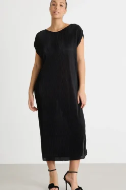 Abito midi in jersey plissé - Nero