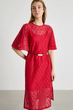 Abito midi in pizzo - Rosso