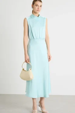Abito midi in raso con collo alto - Azzurro