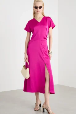 Abito midi in raso - Fuxia