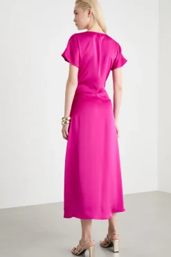 Abito midi in raso - Fuxia