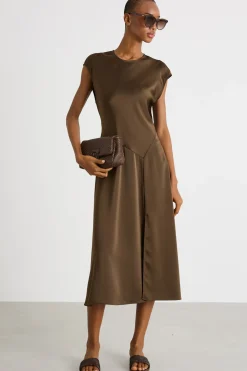 Abito midi in raso - Marrone