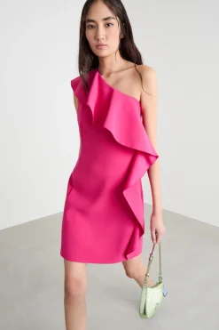Abito monospalla con volant - Fuxia