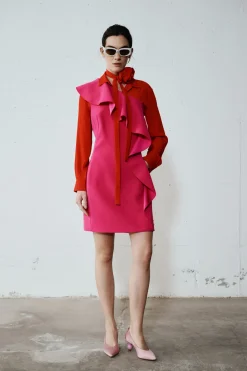 Abito monospalla con volant - Fuxia