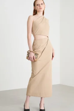 Abito monospalla in twill - Cammello