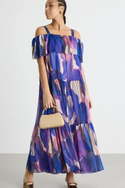 Abito off-shoulder a balze - Viola