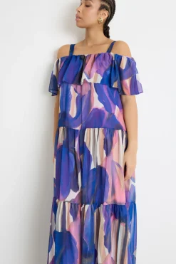 Abito off-shoulder a balze - Viola