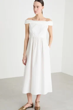 Abito off-shoulder in popeline - Bianco