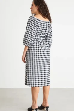 Abito off-shoulder in seersucker - Nero Bianco