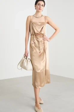 Abito slip dress in raso - Cammello