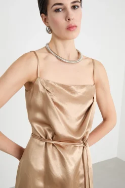 Abito slip dress in raso - Cammello