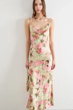Abito slip dress in raso stampato - Verde Rosa