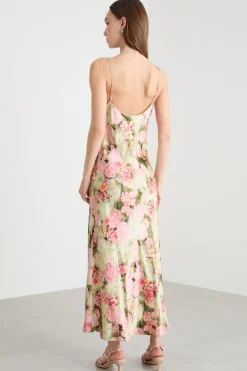 Abito slip dress in raso stampato - Verde Rosa