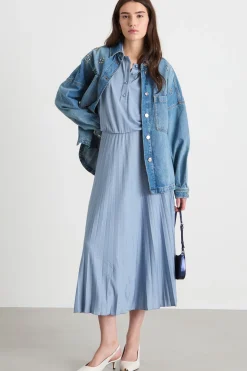 Abito smanicato con gonna plissé - Azzurro