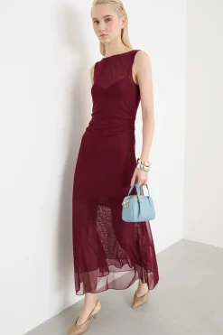 Abito svasato in tulle stretch - Bordeaux