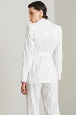 Blazer con cintura rigato - Bianco