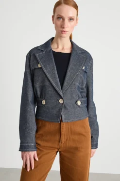 Blazer crop con impunture a contrasto - Blu