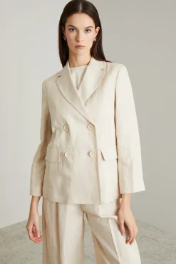 Blazer doppiopetto in tela di lino - Sabbia