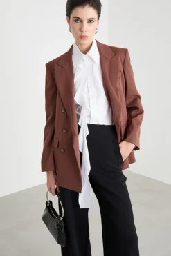Blazer doppiopetto in tela - Marrone