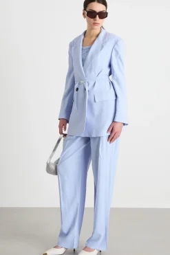 Blazer lungo con cintura - Azzurro