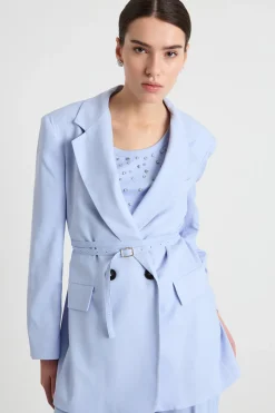Blazer lungo con cintura - Azzurro
