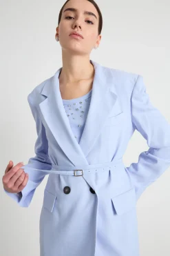 Blazer lungo con cintura - Azzurro