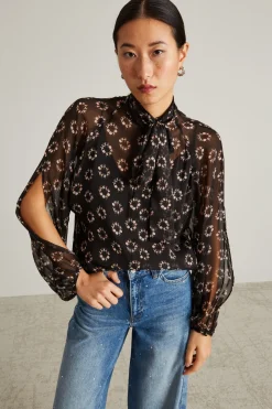 Blusa in chiffon con fiocco - Nero