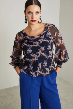 Blusa in georgette stampata - Blu Notte
