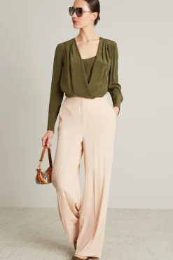 Blusa incrociata in pura seta - Verde Kaki