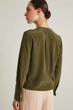 Blusa incrociata in pura seta - Verde Kaki