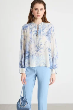 Blusa con colletto alla coreana - Azzurro Bianco