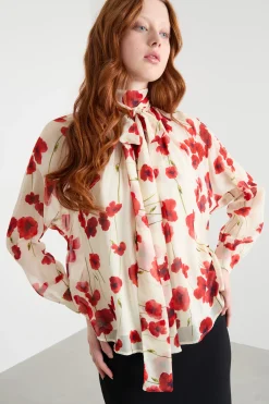 Blusa con collo a foulard - Beige Rosso