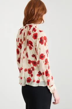 Blusa con collo a foulard - Beige Rosso