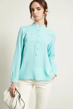Blusa con collo alla coreana - Turchese