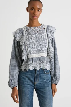 Blusa con davantino ricamato - Blu Bianco