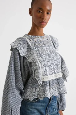 Blusa con davantino ricamato - Blu Bianco