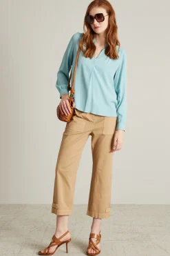 Blusa con piega ribattuta - Celeste