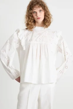 Blusa con ricamo Sangallo e volant - Bianco