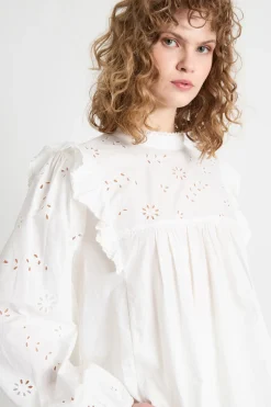 Blusa con ricamo Sangallo e volant - Bianco