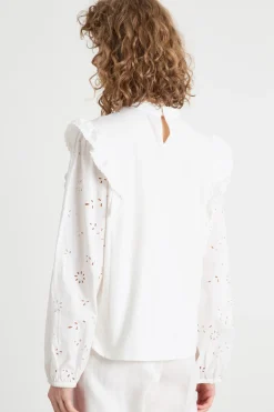 Blusa con ricamo Sangallo e volant - Bianco